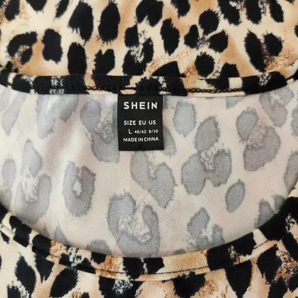 Shein Pullover Top Women's Animal Print Tan Black Sequin Lips - Picture 7 of 8